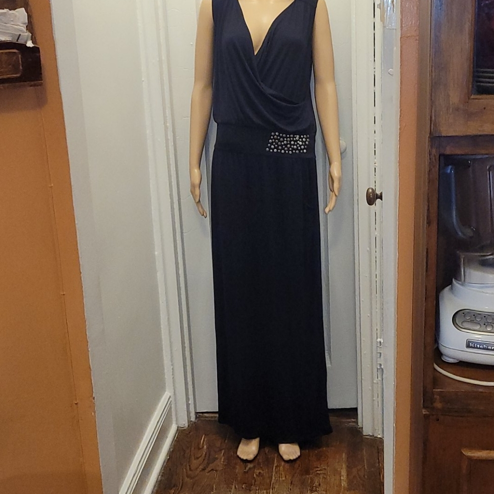 Rosa Faia BLACK KNIT SLEEVELESS MAXI DRESS Low Studded Waist Side Slit Size S